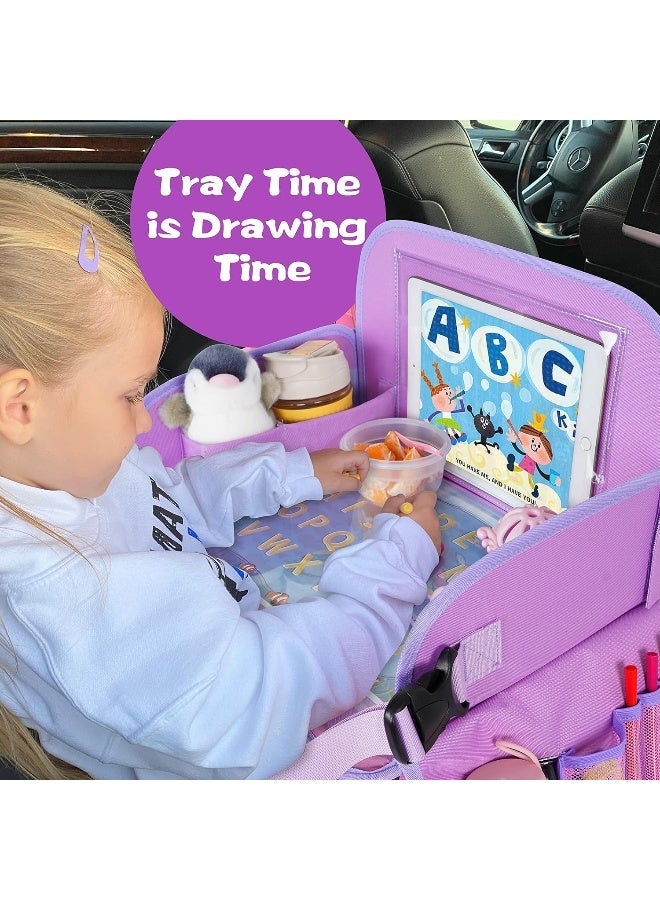 MENZOKE Car Seat Tray for Kids Travel, Car Seat Activity Trays with Educational Drawing Board, Tablet Holder & Cooler Cup Holder, Holiday Gifts for Kids Car Trip, Purple - Image 3